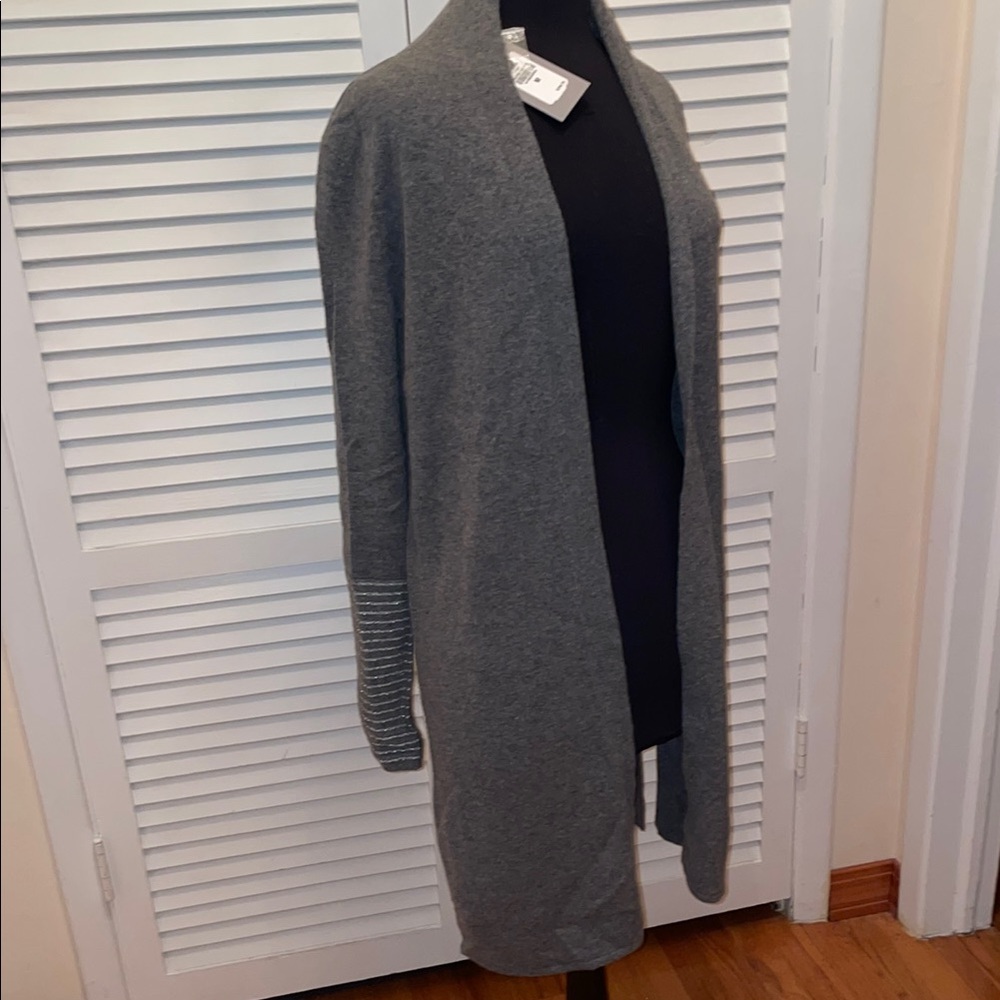 NWT 100% Cashmere open front cardigan Neiman Marcus silver trim long 38 inch
